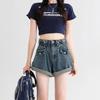 Women's High-Waisted Black Denim Shorts, Summer 2024, Loose A-Line Wide Leg Design, Small Size