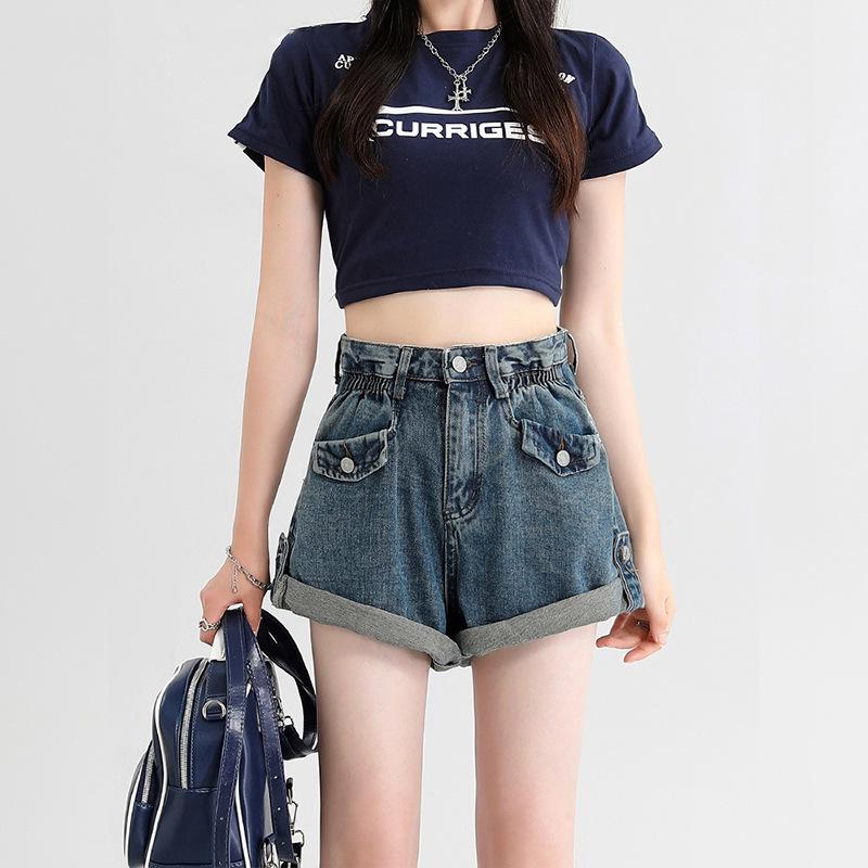 Women's High-Waisted Black Denim Shorts, Summer 2024, Loose A-Line Wide Leg Design, Small Size