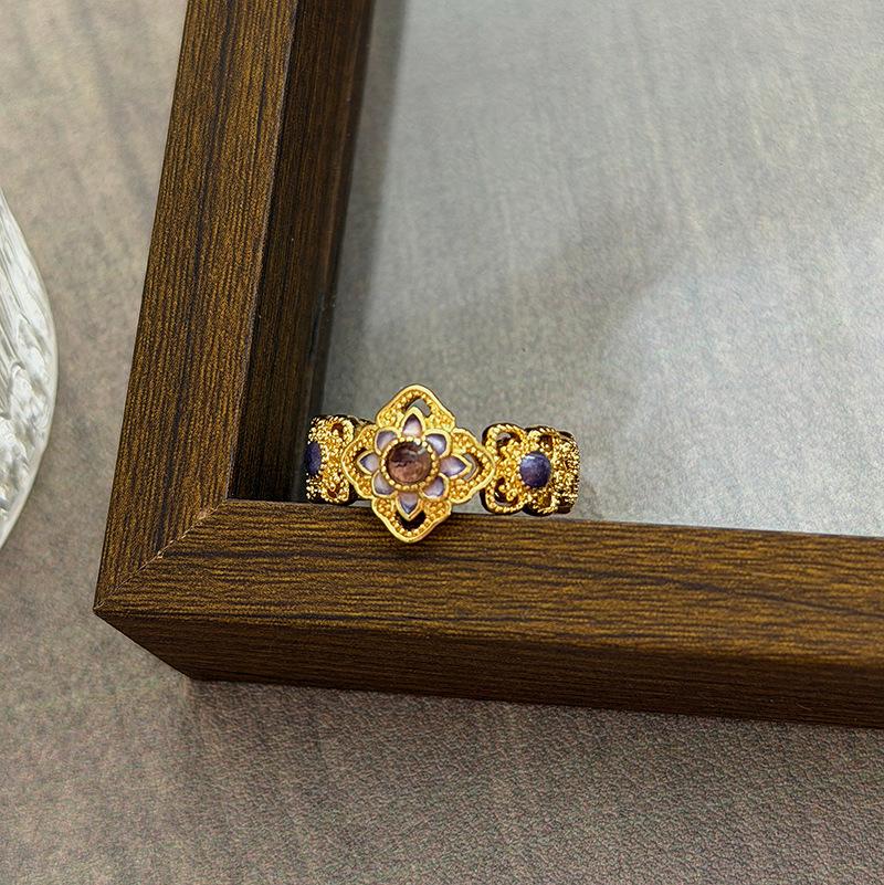 Medieval Vintage Court Style Light Luxury Retro Flower Auspicious Cloud Purple Enamel Open Ring Niche Stacked Wearing Woman
