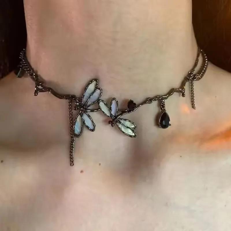 Punk Y2k Black Dragonfly Choker Necklace for Women Men Gothic Grunge Cool Rock Hip Hop Street Vintage Party Jewelry Accessories