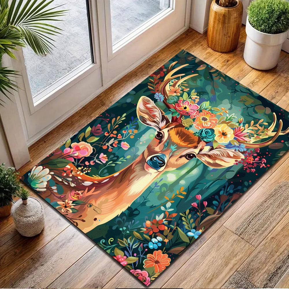 Floral Antlered Deer in Forest Scene Patterned carpet, non slip mat suitable for living room and bedroom sofas