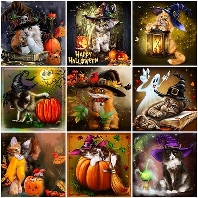 5D DIY diamantová výšivka kočka plné kolo diamantové malby zvířecí drahokamy umění Halloween dekorace