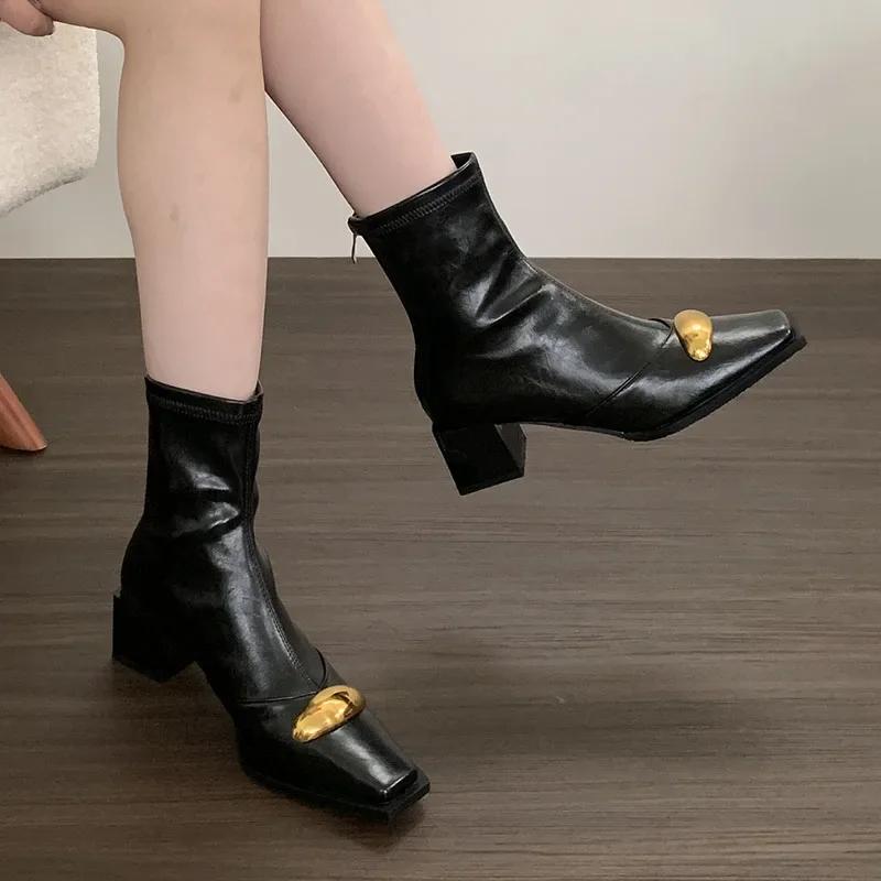 Fashion New Shoes Designer Metal Women Ankle Elastic Boots Fashion Zippers Footwear Square Heels Ladies Modern Short Booties Shoes