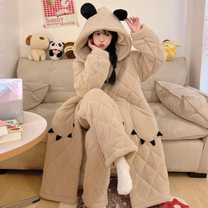 2025 Women s Cozy Quilted Pajama Set: Half-Velvet Warm Long Robe XL