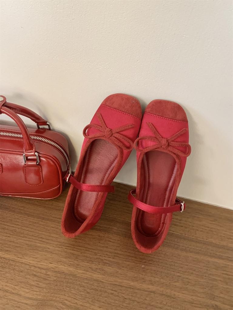 Soft Cute Candy Color Inner Height Increase Round Head Splicing Bow Mary Jane Single Shoes Women's Shallow Mouth Grandma Shoes