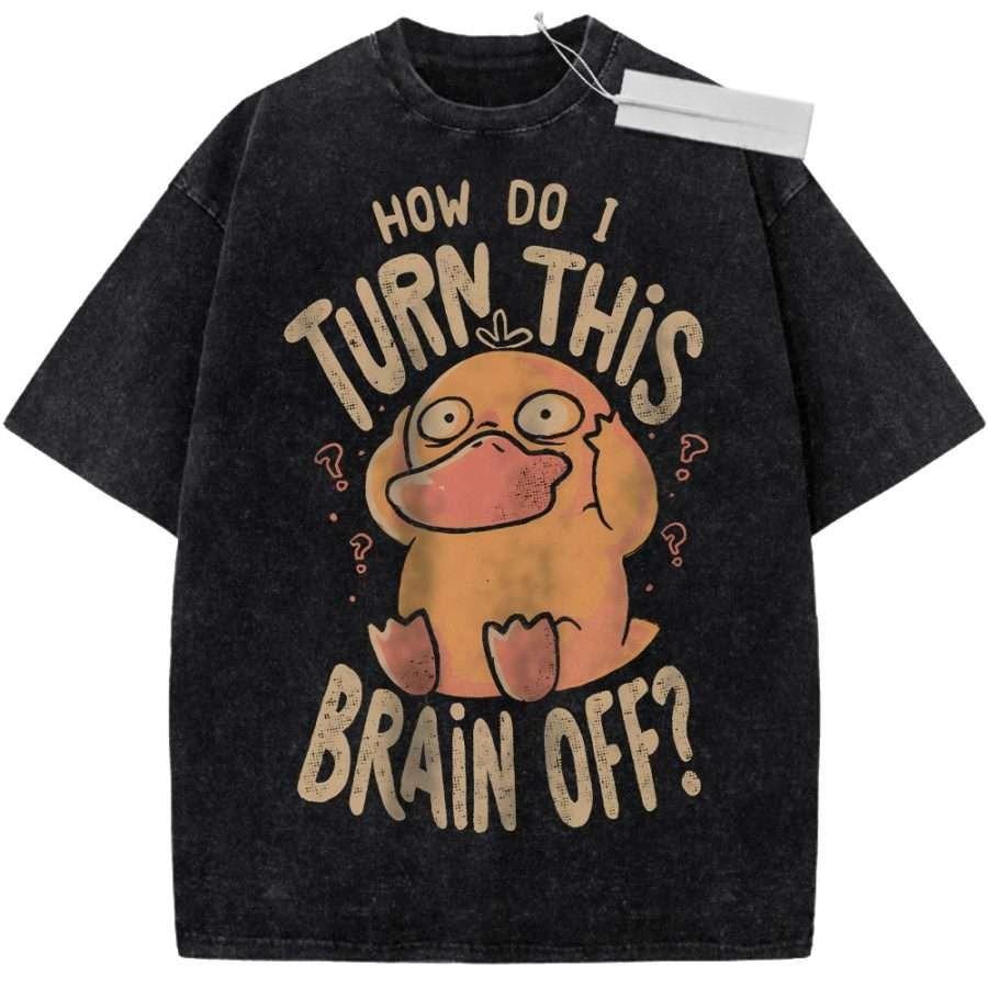 T Shirt Sports T Shirt Short Sleeve T Shirt Beige Unisex Pure Cotton Washed Vintage Pokemon Psyduck Print with Question Marks M
