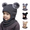 Double Ball Cute Girl Boy Beanie Knitted Winter Scarf Ear Warm Lapel Hat Suit for 3 8 Year Olds Beanies