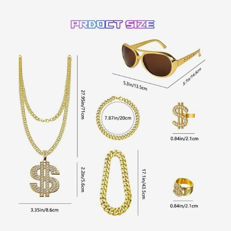Fashionable 6PCS Dollar Sign Necklace and Rings Set Rapper Jewelry Set Perfect for Street Style and Music Festivals