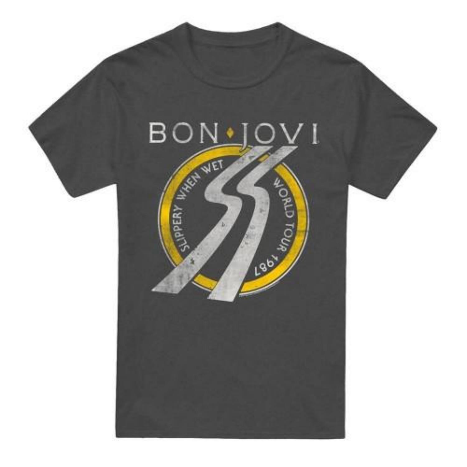 Унисекс Взрослая футболка Bon Jovi Slippery When Wet World Tour S чёрный