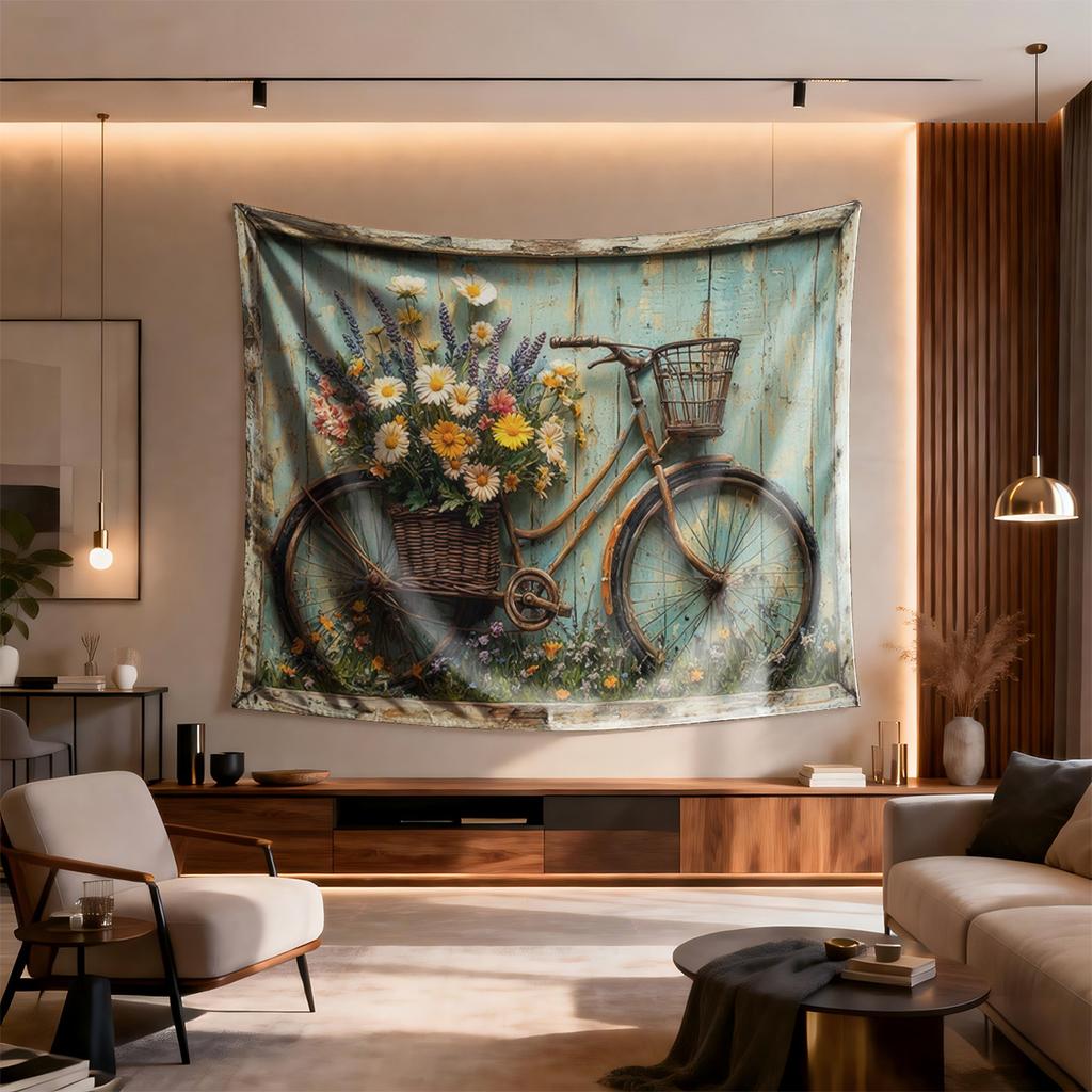 Vintage Fahrrad mit Blumen Digitaldruck Polyester Wandteppich geeignet für Wohnzimmer Schlafzimmer Büros Bars Partys