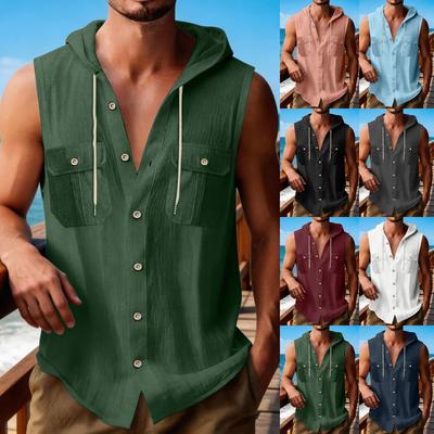 Men's Sports Casual Sleeveless Cotton Linen Hooded Loose Beach T-Shirt