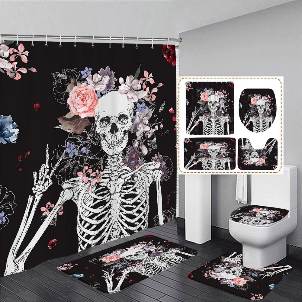 Floral Skull Shower Curtain Set Butterfly Moth Pink Mushroom Flower Skeleton Halloween Home Bathroom Decor Bath Mat Toilet Cover