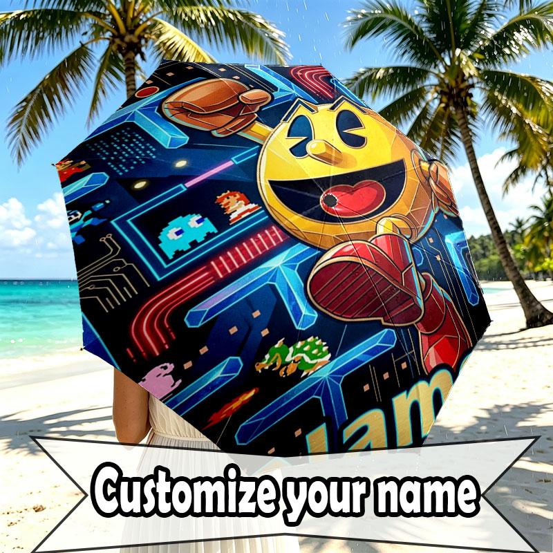 Custom Name Personalized PAC MAN Print Umbrella, Auto Open Close, 8‑Rib Sturdy Frame, Commute Camping Hiking Use, Birthday Gift