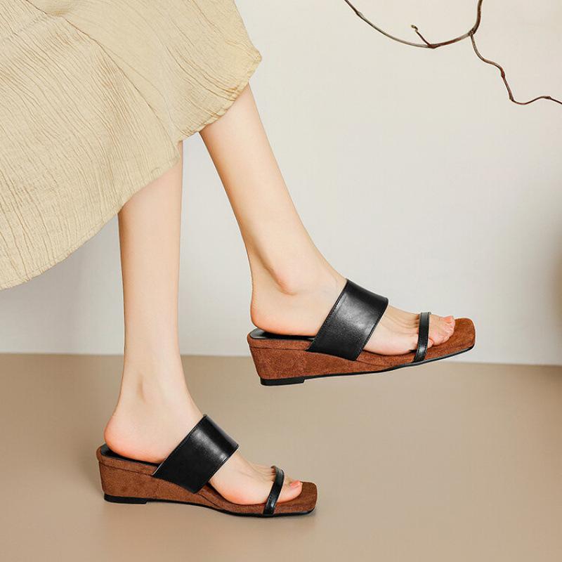 Summer women's cool slippers square head medium heel size sandals new casual rubber sole silver wedge heel slippers women
