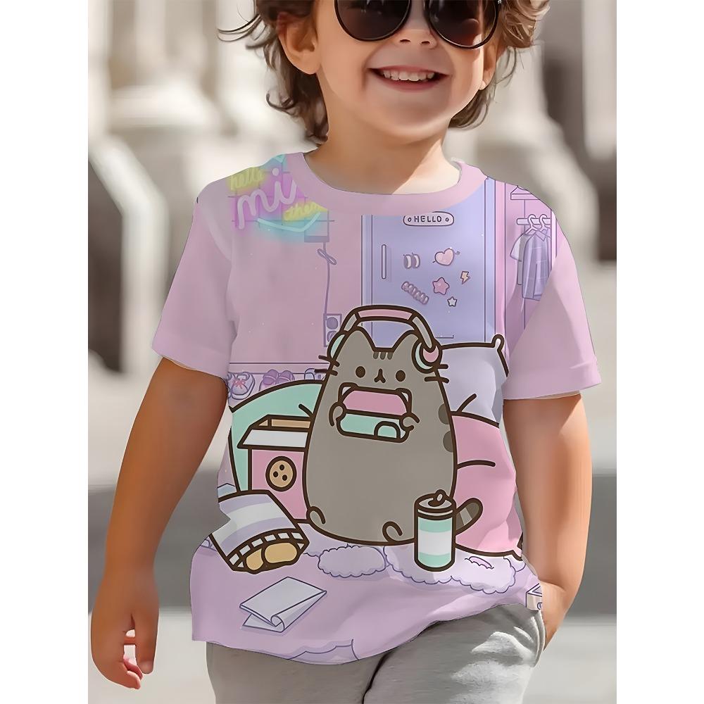 New Summer Girls Clothes Cartoon Cute Cat Graphic T Shirt Short Sleeve Tops for Girls 4 To 6 Years Casual Children's Clothing