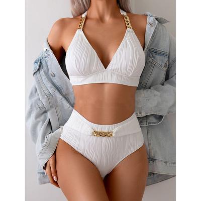 Neuer einfarbiger 2-teiliger Badeanzug für Damen Sexy High Waist V-Ausschnitt Träger Halter Rückenfrei Badedress
