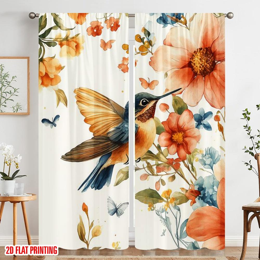 2pcs,2D Plane Printing Curtains Hummingbird Bliss 100% Polyester (without Rod) Outdoor Decorations for Bedroom, Office, Living