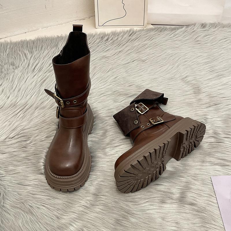 British style casual height increase women's Martin boots autumn and winter design sense retro two-wear medium tube thick-soled folded fashion boots