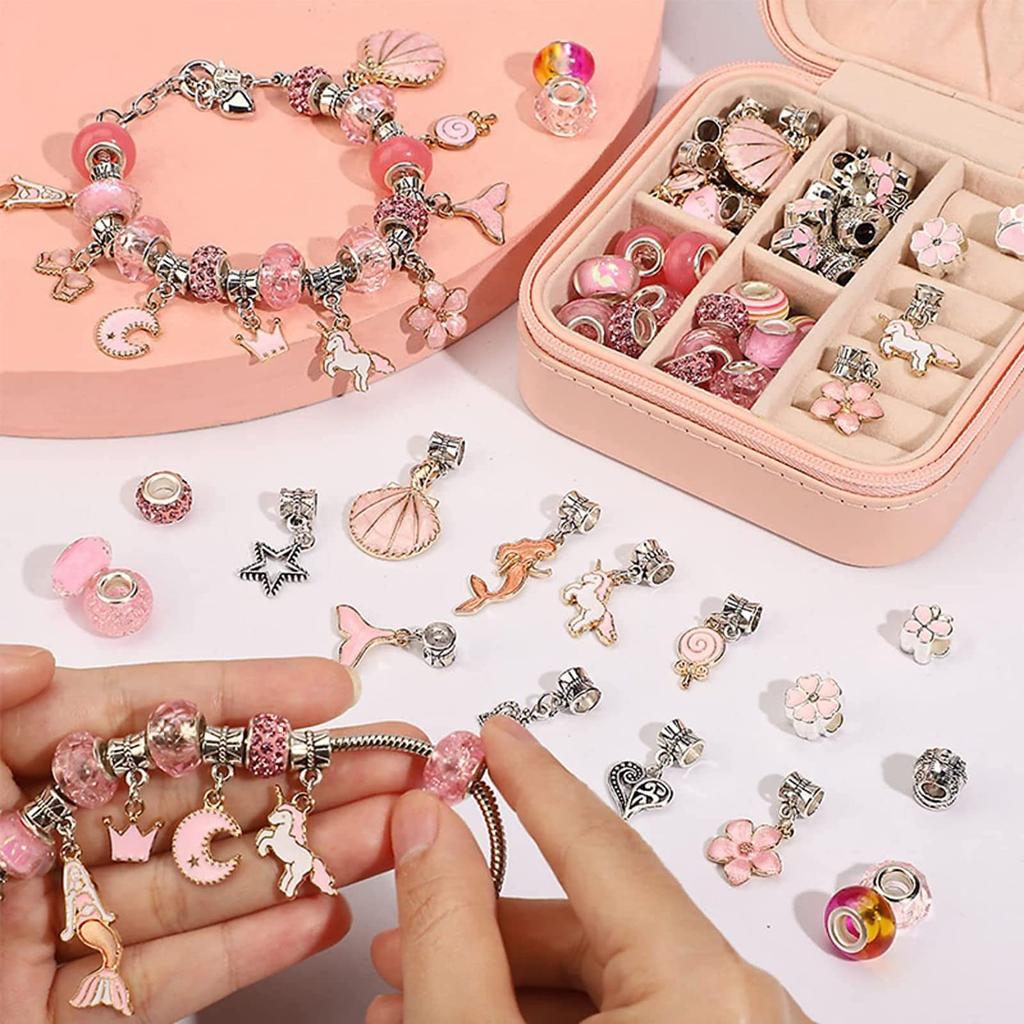 Sitengle Accessory Set for Bracelet Stylish Christmas Gift Kit, 66-Piece Making, Charms, Beading, Birthday, (Pink)