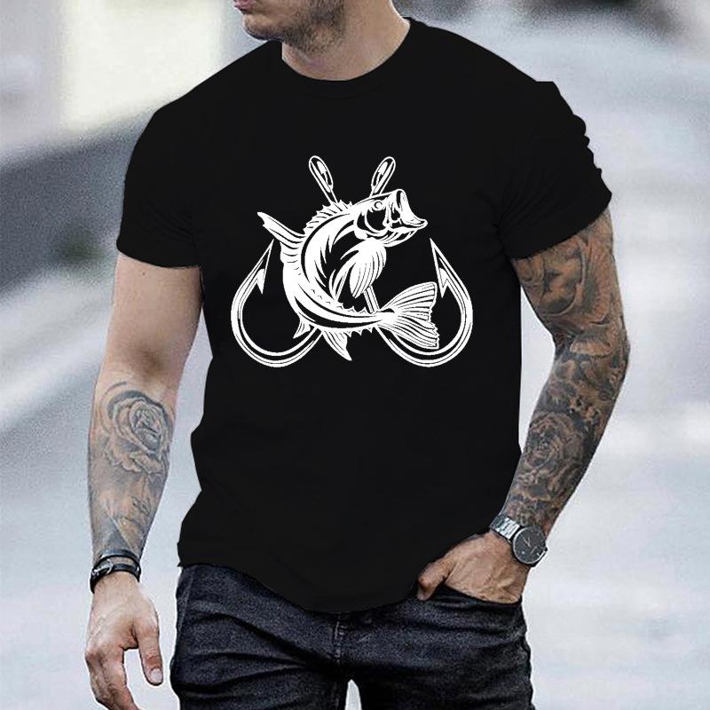 Unisex Crew Neck Fish Hook Fishing Graphic Short Sleeve Cotton Tee Casual Summer Streetwear Loose Basic Daily Outdoor Wear Top