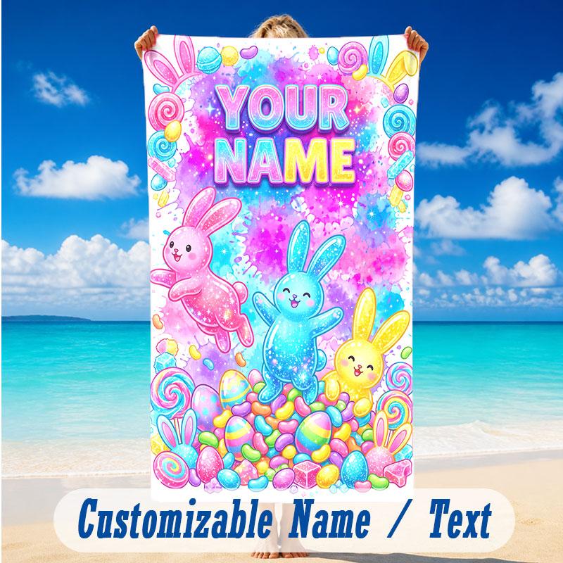 Easter Bunny Theme Beach Towel Personalized Custom Name & Text Soft Quick Dry Beach Towel for Swimming Travel
