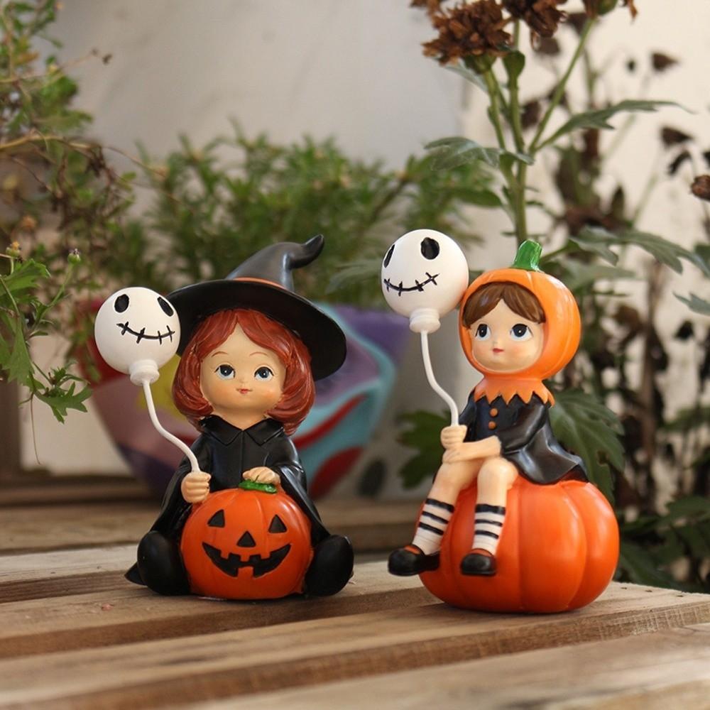 2pcs Witch Doll Pumpkin Girl Figurines Resin Halloween Party Ornaments  Bedroom Desk Decoration