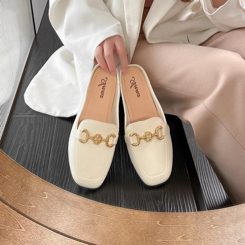

Women s Backless Mules with Gold Buckle Square Toe Flat Loafers for Casual Daily Wear 40 абрикосовий