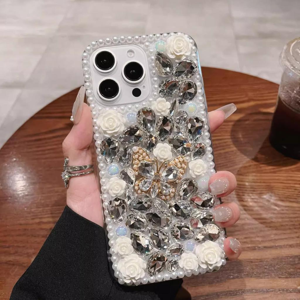 Luxuriöse Vollbild-Handyhülle mit Strass-Schmetterling und Blume für iPhone 16 15 14 13 12 11 Pro Max