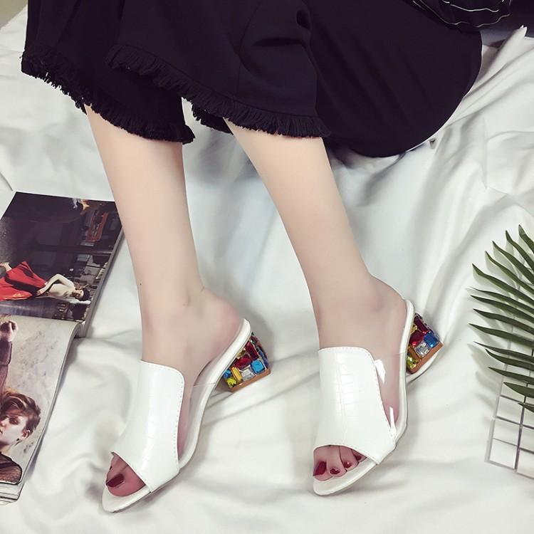 Women's Summer PU Leather Mules Sandals, Chunky Heel Rhinestone Slippers, Fashion Comfort Sandals for Party, Plus Size Available