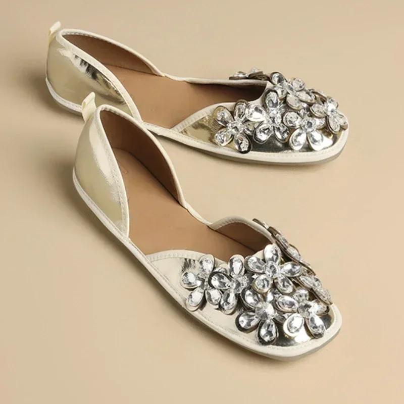 Mode Bling Bling Kristall Blomma Dekoration Flats Damskor Mode Fyrkantig Tå Ihåliga Casual Skor 43 Stor Storlek Märkesdesignerskor