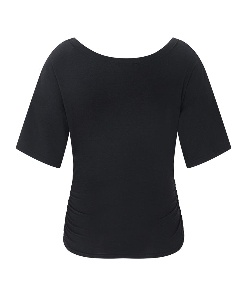 Peullijeunopallou Vin U-Neck Shirring Short Sleeve Top (Black)