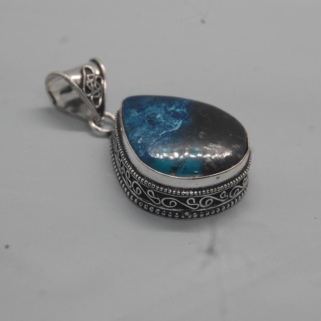Green Black Azurite Chrysocolla 925 Sterling Silver Pendant Jewelry, Boho Style Chrysocolla Handmade Pendant
