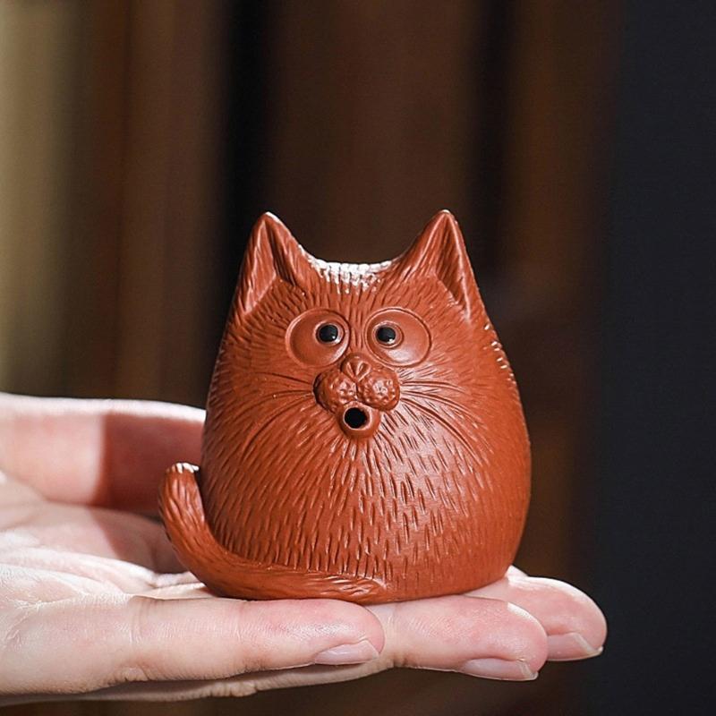Cats Shape Zisha Clay Figurine Incenses Stick Holder for Animal Lover Handmade Pottery Animal Statue Ornament Decors