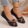New denim large size shallow mouth single shoes women's round head flat bottom cross belt lazy work shoes wish