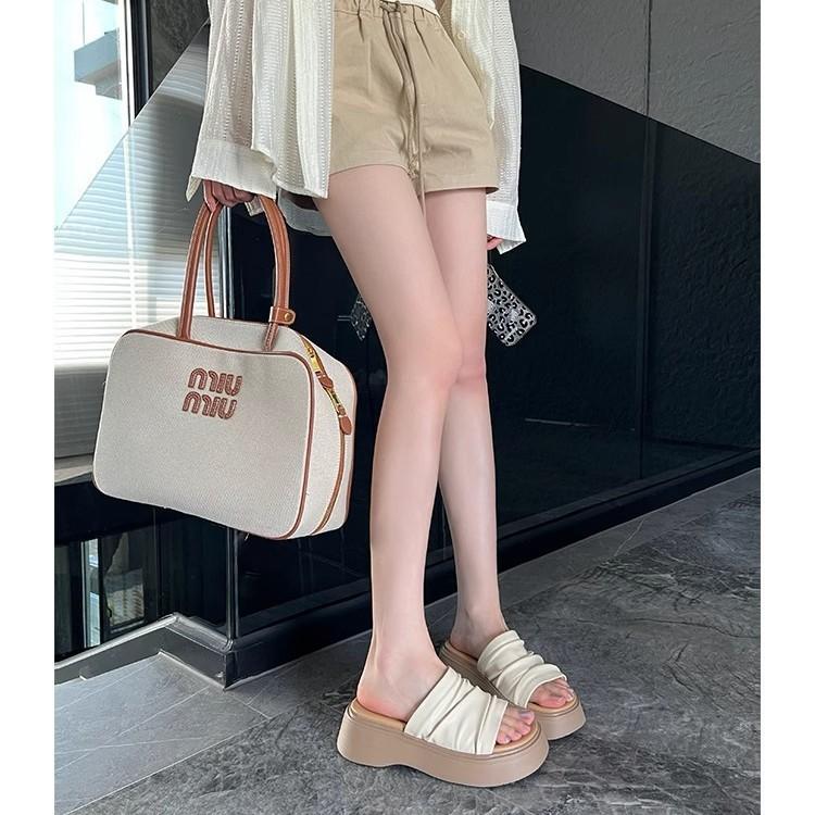 [Luo Fansen] Thick-soled Heightening Pleated Slippers Women's Summer New Fashion Temperament Vacation Style Beach Sandals