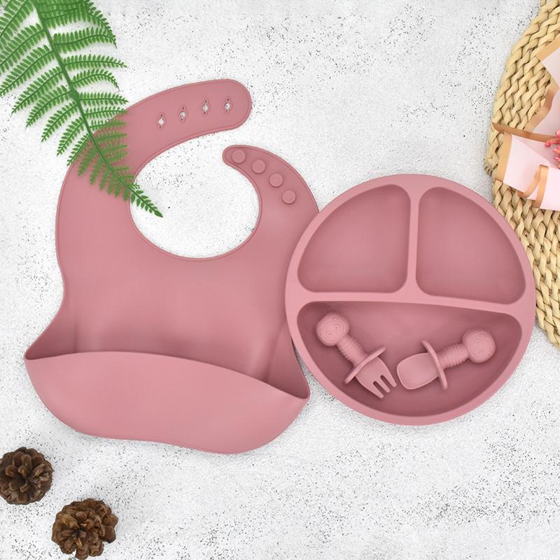 Baby-Fütterungsset aus Silikon, Babygeschirr, BPA-frei, leicht zu reinigen, Kindergeschirr, wasserdicht, Löffel und Lätzchen, Kinder-Trainingsset