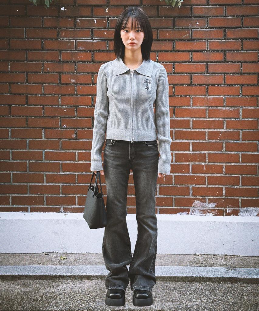 Damiswi Gothic Cross Embroidery Knit Zip-Up_Gray