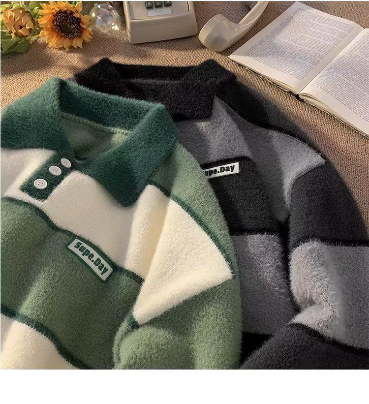 Herren Streifenpullover mit Polokragen – Trendiger Herbst/Winter Japanischer College-Stil, Dicke & Warme Strickjacke