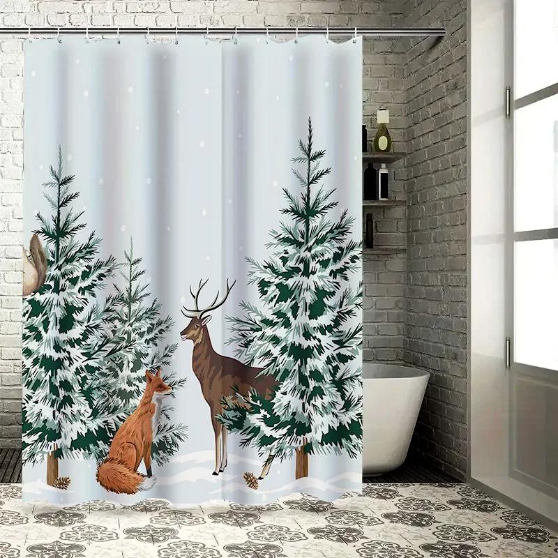 

Snowy Forest Scene Shower Curtain For Bathroom Artistic Wildlife Design Waterproof And Durable Perfect Home Decor Easy-Clean W60H190(CM)-1 Pcs