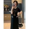 Plus Size French Round Neck Color Block Short Sleeve Dress - Elegant Summer Slimming Long Skirt for Women