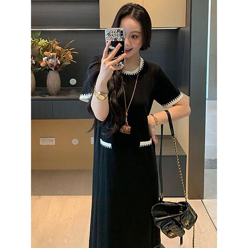Plus Size French Round Neck Color Block Short Sleeve Dress - Elegant Summer Slimming Long Skirt for Women