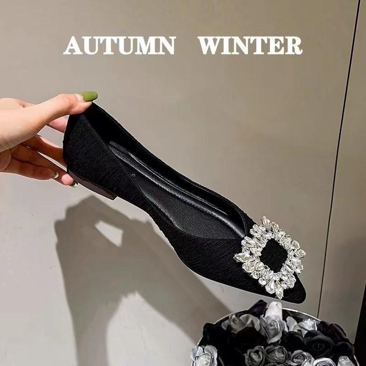 2025 New Spring and Autumn Shallow Mouth Shoes Rhinestone Black Women's Temperament Flat Bottom Laden Shoes French Pointed Single Shoes Low Heel