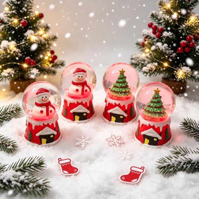 Christmas Water Globe Ornament with LED Light and Falling Snow Effect, Mini Holiday Display Accent in Glass Globe, Movable Shelf Accent, Random Style