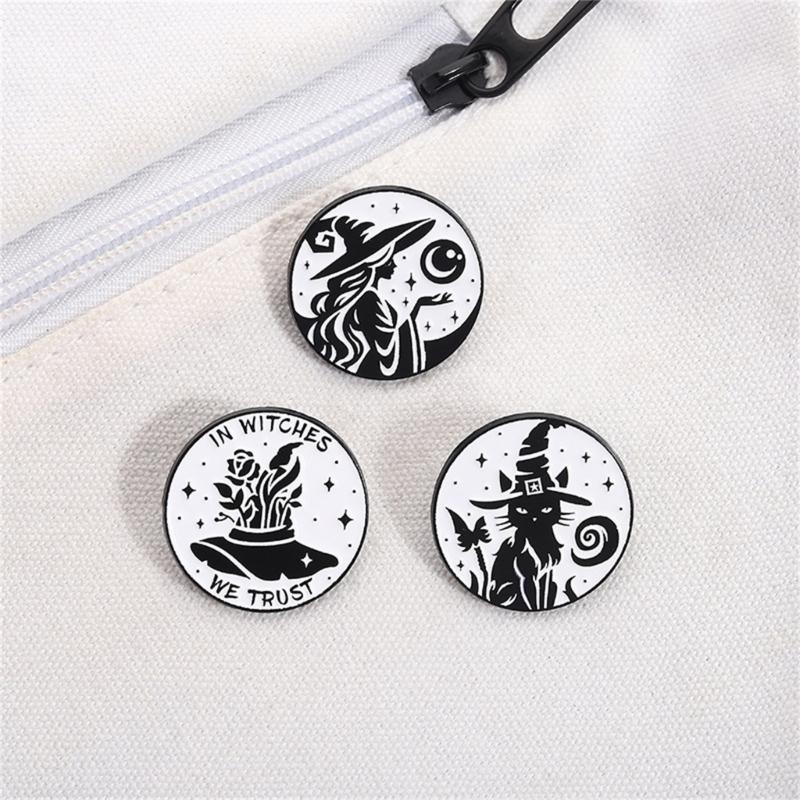Moon Phase Witch Brooch Enamel Goth Pin Black Cats Designs Punk Jewelry For Halloween Accessories Gift