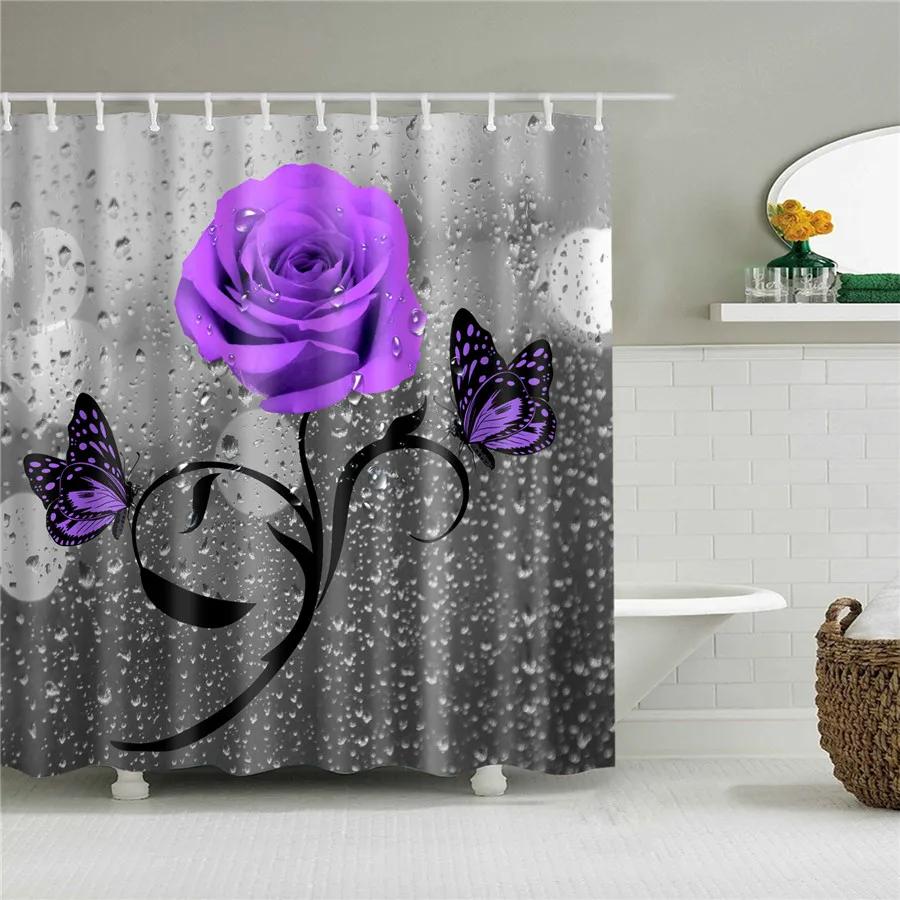 3D Flower Plum Blossom Lotus Lavender Rose Shower Curtains Bathroom Curtain Frabic Waterproof Polyester Bath Curtain with Hooks