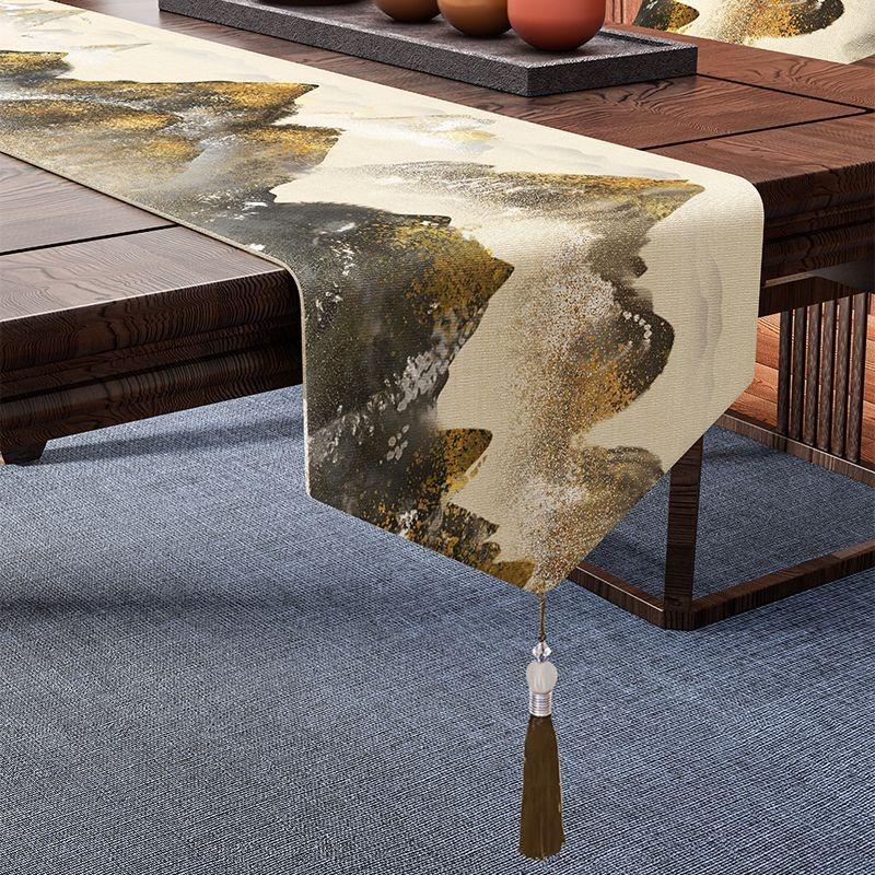Waterproof Tables Flag Jacquard Landscape Flower Table Runner Black White Ink Painting Decor  Tea Dining Tablecloth Cotton Linen Tassels Mat