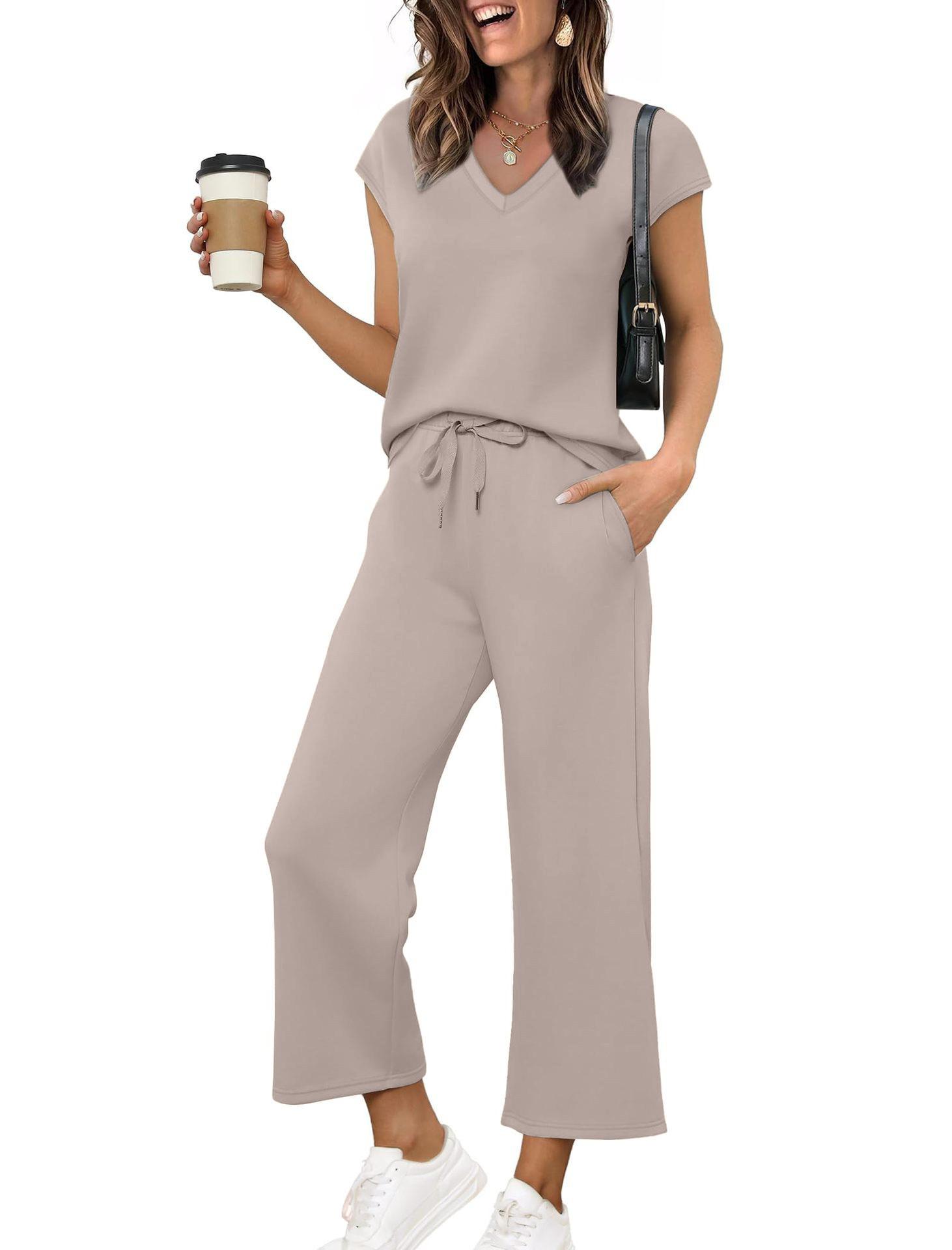 Women s V Neck Short Sleeve Top with Drawstring Wide Leg Pants Set S