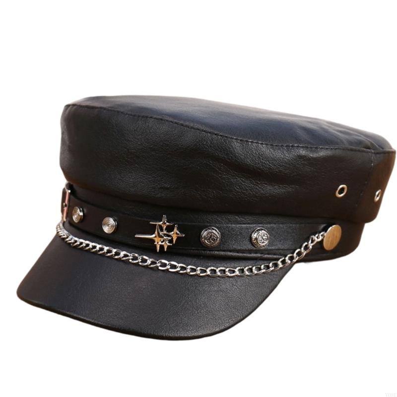 

Navies Styles Hat With Belt Buckles Chain Durability PU Leather Hat For Various Face And Occasion Y08E чёрный