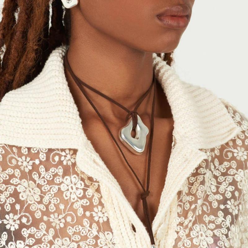Trendy Irregular Geometric Metal Pendant Necklace Stylish Wax Rope Neckchain Handmade Jewelry Gift for Women Girls