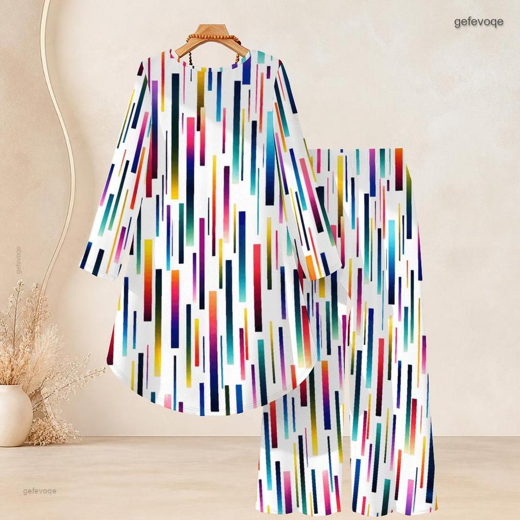 Women Plus Size Round Neck Long Sleeve Printed High Low Top Wide Leg Pants Two Piece Set